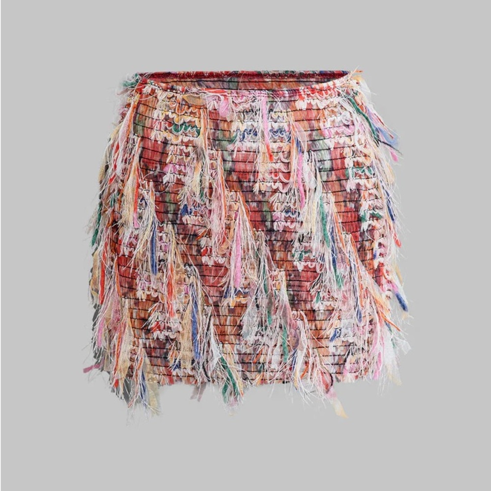 Vibrant Multicolor Fringe Pencil Skirt